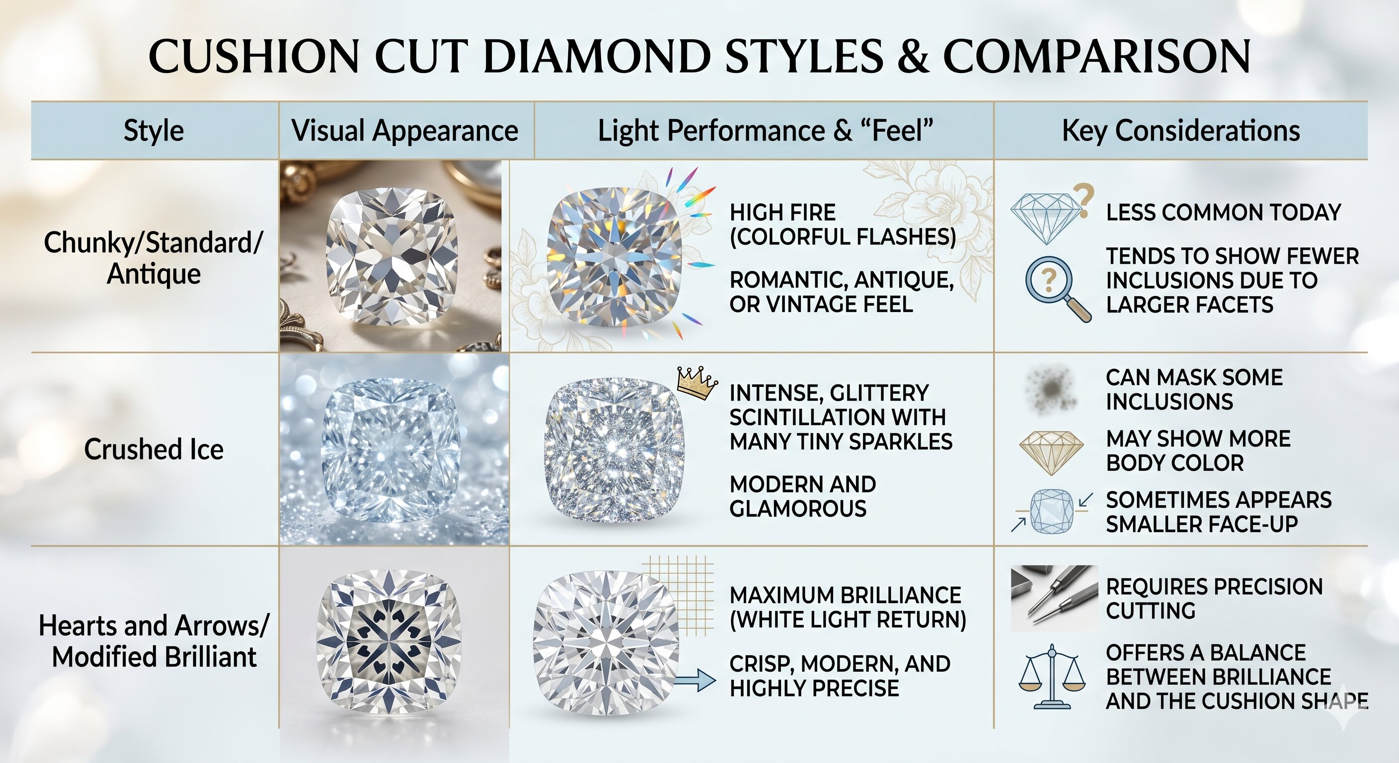 cushion cut diamond styles comparison
